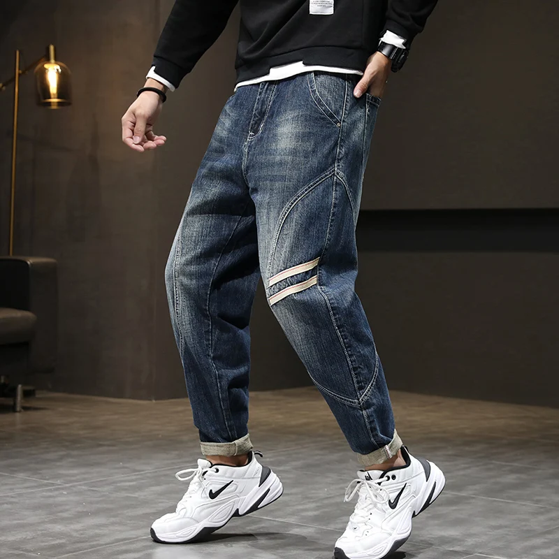 American Apparel Men Jeans Loose fit Streetwear Blue Baggy Jeans For Men Striped Undefined Hip Hop