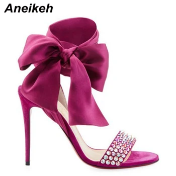 

Aneikeh Silk Women Heeled Sandals Butterfly-knot cross Strap Pumps Super High Heels 12 CM Peep Toe Buckle Strap Dress Lady Shoes