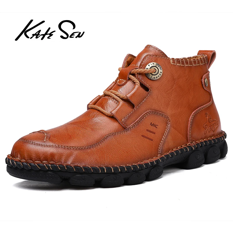 

KATESEN Men shoes leather fashion High Tops Male shoes Luxury Brand mens casual sneakers waterproof lace up Flats solid shoes