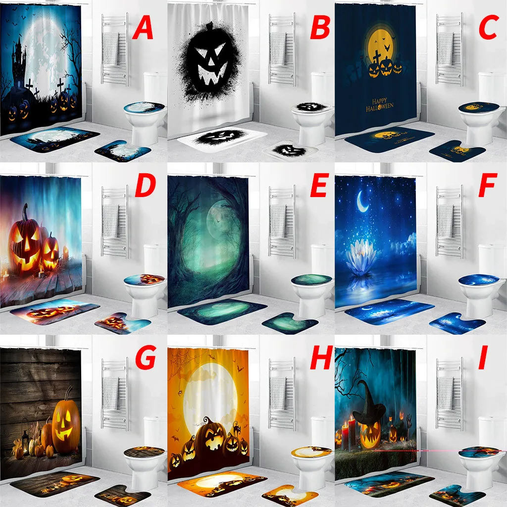 

Halloween festival 4PCS Non Slip Toilet Polyester Cover Mat Set Bathroom Curtain bathcurtain bathmat Bathroom