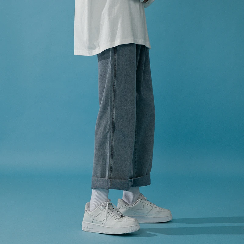 

2021 Men's New Fashion Trend Straight Pants Wash Solid Color Neutral Jeans Loose Casual Pants Elastic Waist Trousers Size M-5XL