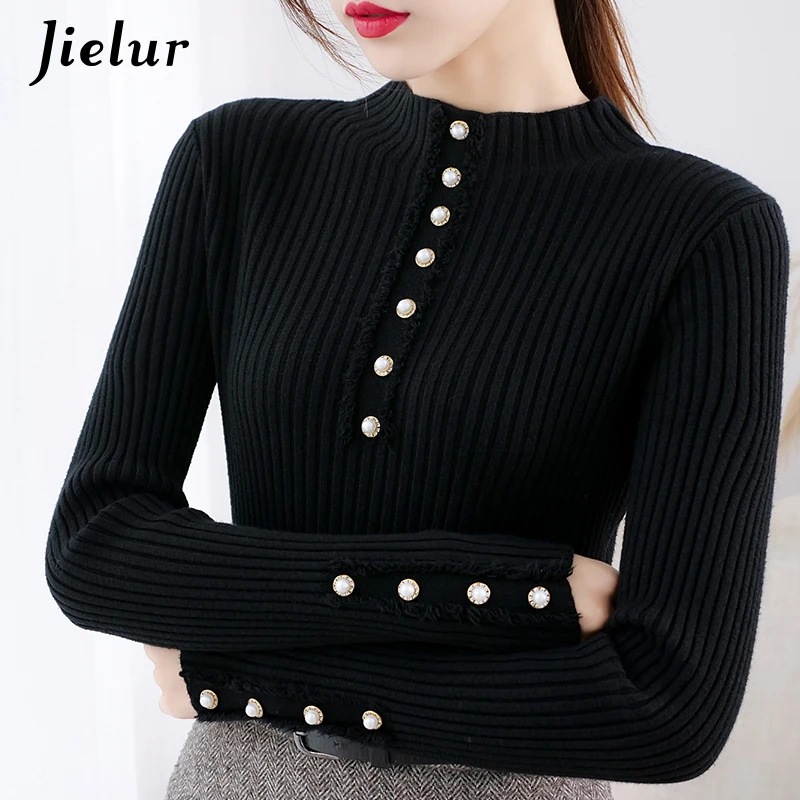 Jielur 2021 White Black Female Sweaters Fashion Thick Beading Lady Knitted Sweater Women Semi-high Neck Korean Top 5 Colors S-XL | Женская