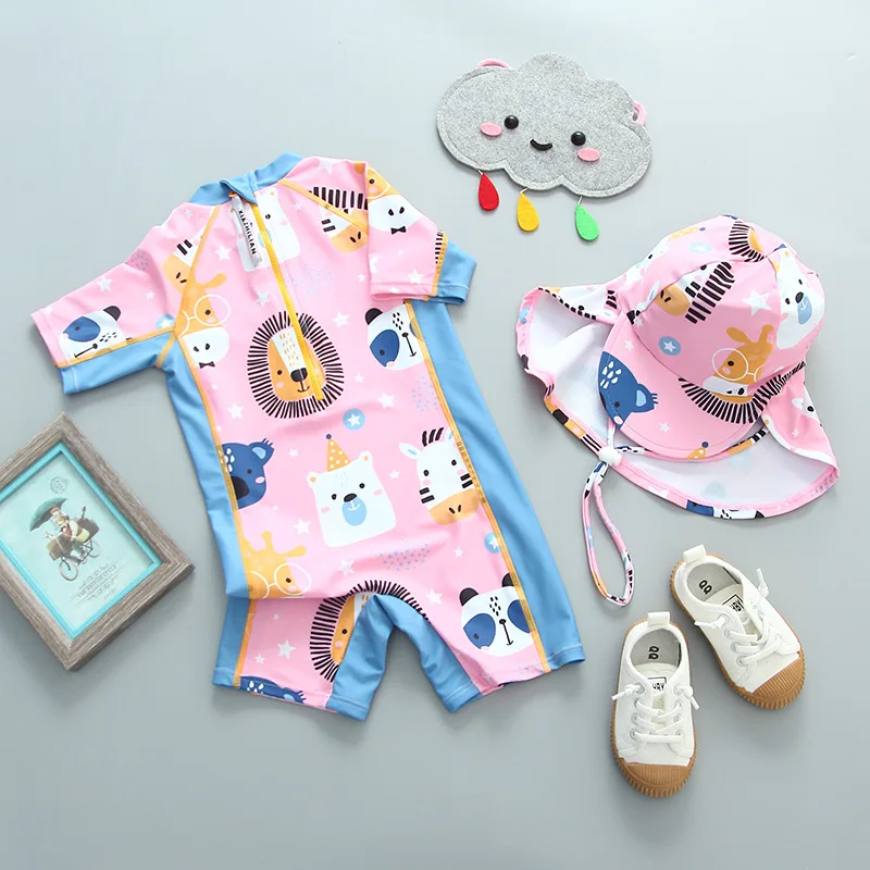 Baby Bathing Suit Boy Girl Kids One Piece Swimsuit for Children with Hat UPF50 UV Protection Girls Swimwear Beach Swimming Wear