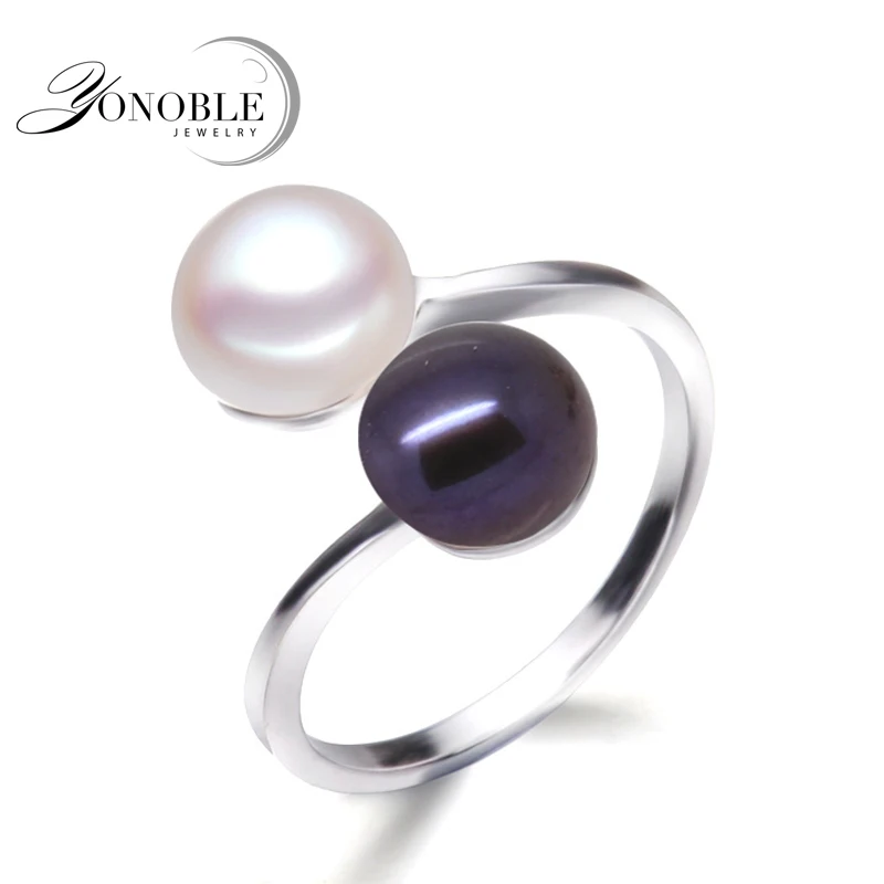 white black ring Черные жемчужные кольца для женщин, свадебные натуральные двойные жемчужные 925 Серебряные женские кольца с жемчугом обручальные подарки на день рождения для девочек - Цвет камня: white black ring