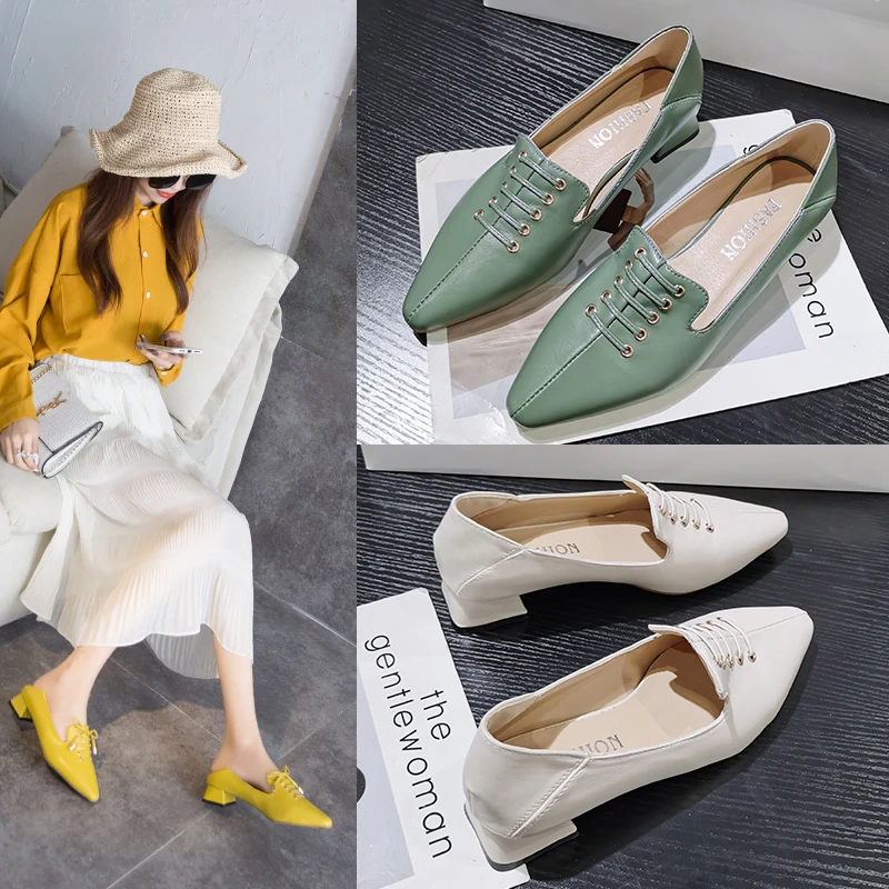 

2020 spring new bowknot shallow mouth pointed shoes after stepping on thick heel women's shoes wild low heel women's shoes Z681