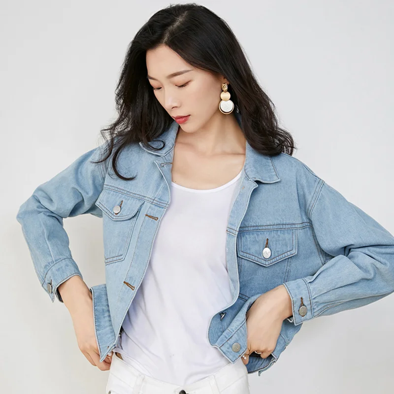 

Women Short Mini Denim Jacket Female Black Slim Casual Long Sleeve Light Blue Black Denim Jacket Top Outwear Thin Jackets