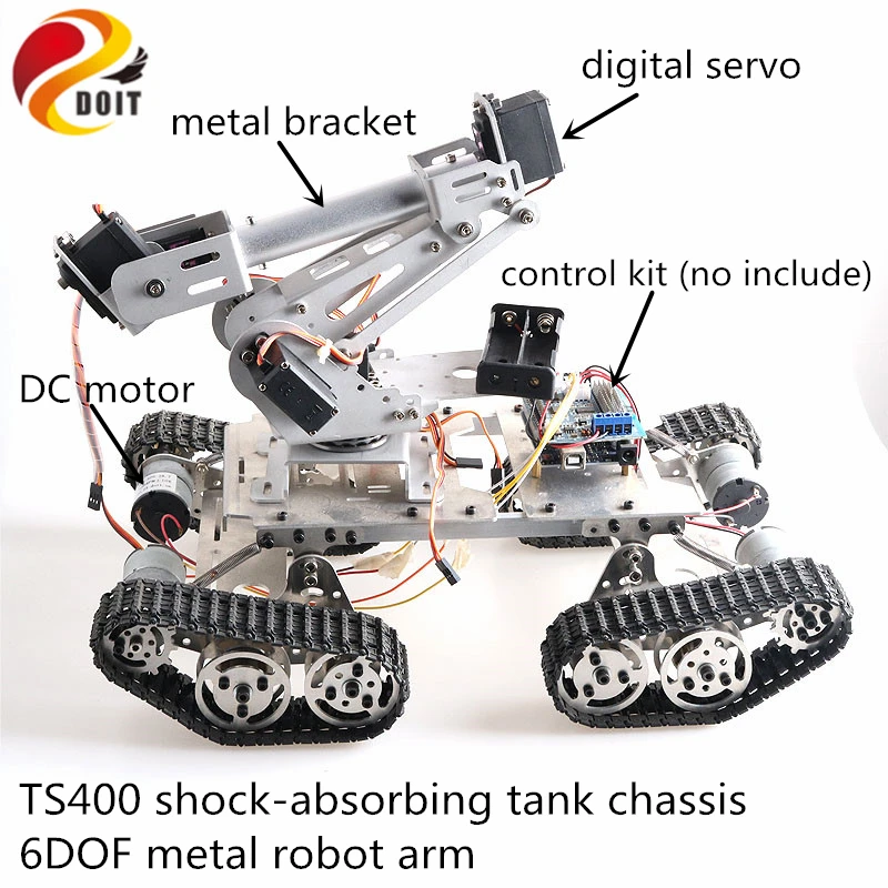Large metal 6DOF robot 6-axis Robotic Arm+ 4WD TS400 Smart Tank Chassis Kit High Torque Digital Servo, DC Motor DIY Education Large metal 6DOF robot 6-axis Robotic Arm+ 4WD TS400 Smart Tank Chassis Kit High Torque Digital Servo, DC Motor DIY Education