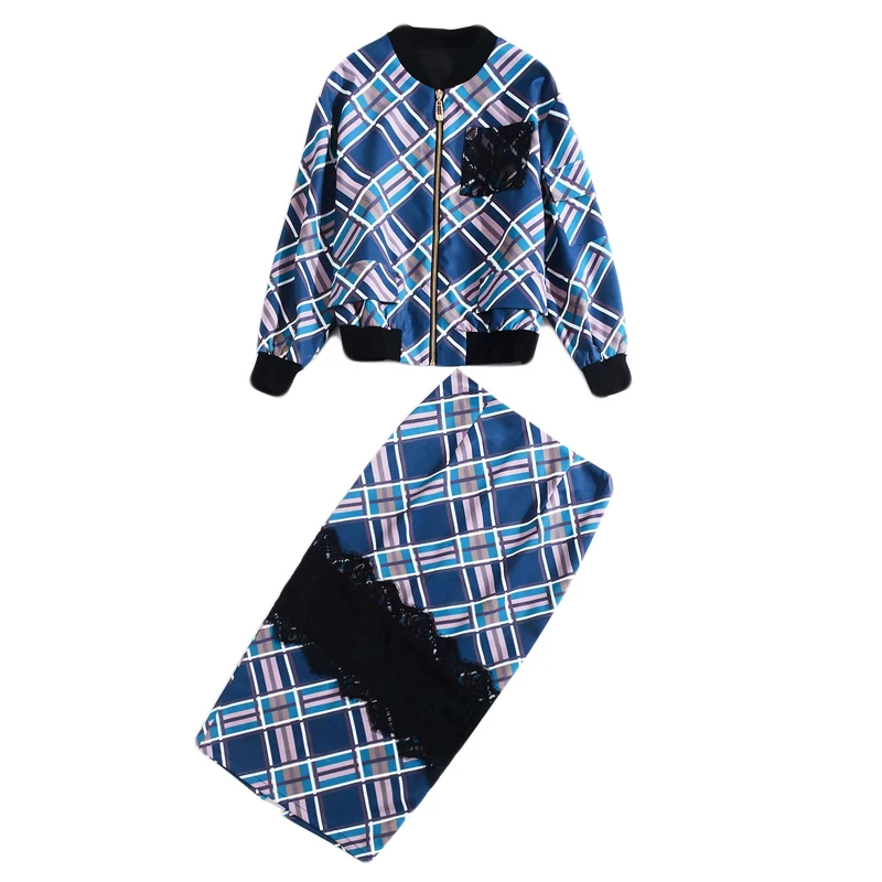 New Fashion High Quality Baseball Jersey Plaid Top Lace Stitching Pencil Half Skirt Vintage Elegant Chic Work Party Women'S Sets