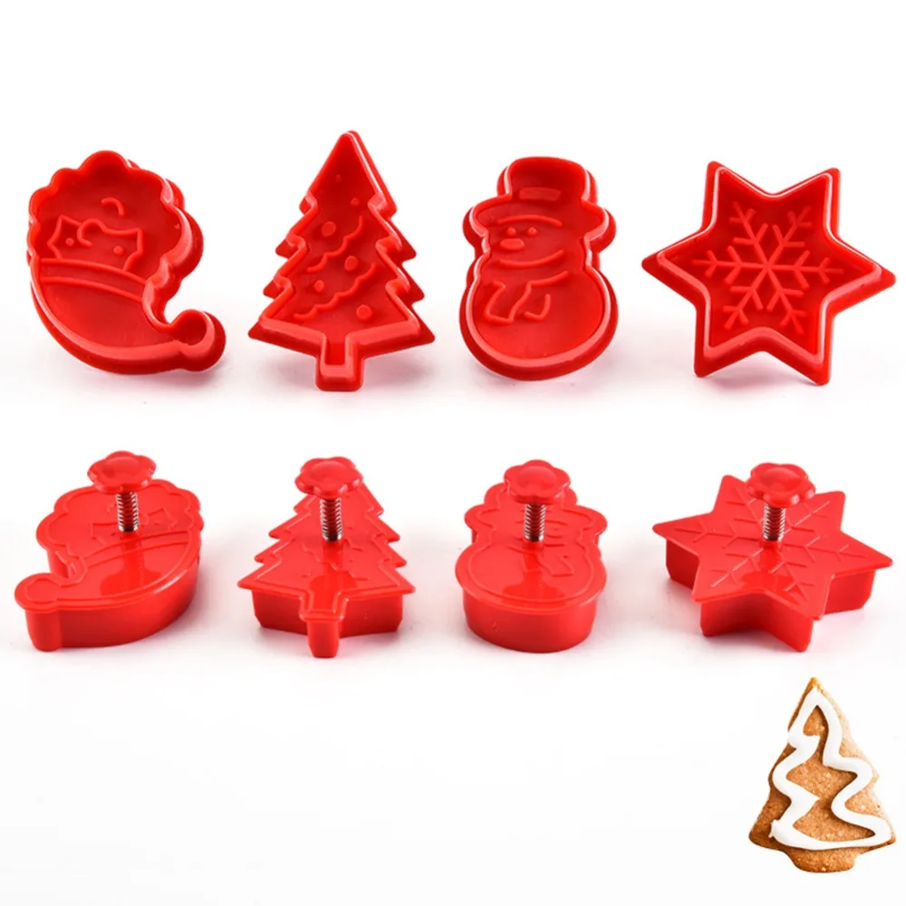 4Pcs Christmas Baking Mold New Year Red for Cookie Stamp Biscuit Fondant Kitchen Desserts Bread Cake Cutter Kitchen Tools