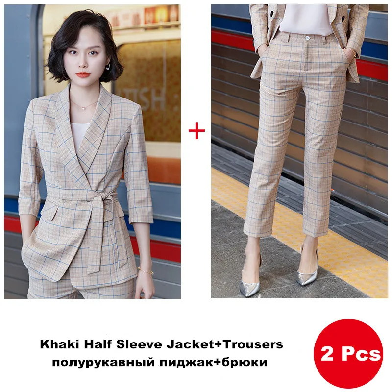 khaki half 2 pcs Женский костюм, комплект из 2 предметов, офисные брюки, костюм, женский серый клетчатый блейзер с длинными рукавами, пиджак+ длинные штаны, костюм для женщин 808216-b - Цвет: khaki half 2 pcs