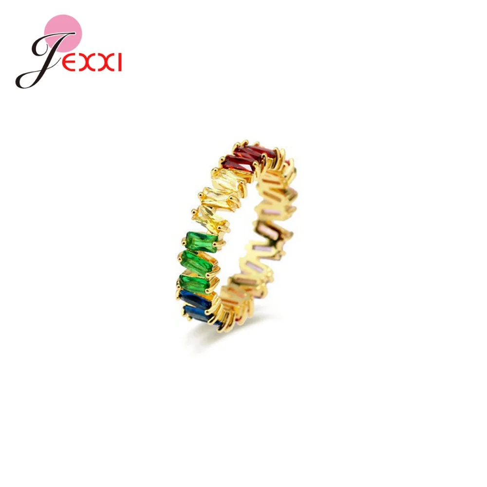 Hot Classic Colorful Rainbow CZ Gold Ring For Women Girls Fashion Engagement Wedding Band Charm Party Jewelry Gift