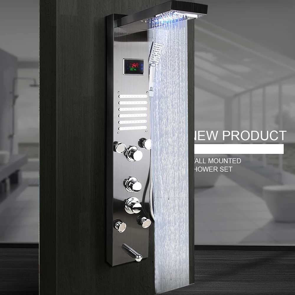 KEMAIDI 12 выбор черный душевой колонковый смеситель для ванной кран температура цифровой светодиодный дисплей душевая панель массажная система для тела струи - Цвет: led Dark Gray B