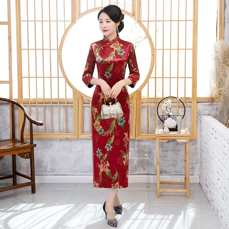 Женское винтажное китайское платье с цветочным принтом, новинка размера плюс 5xl Cheongsam, элегантное Qipao Vestidos, велюровое вечернее платье