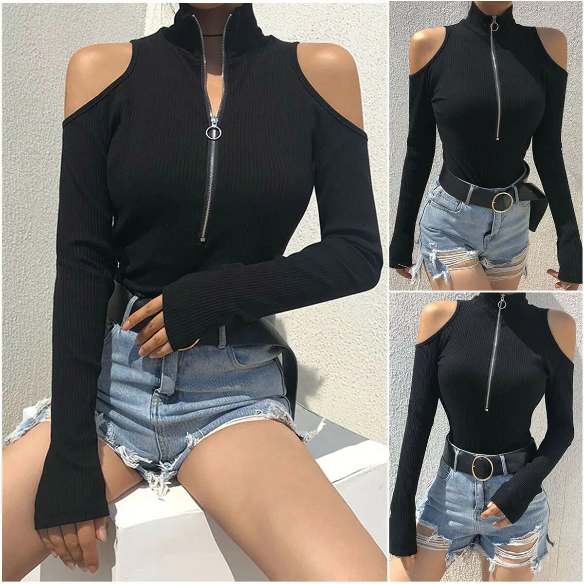 Mujeres señoras cuello de tortuga Bodi de manga larga con cremallera Tops de hombro Romper mono ajustado Sexy Tops