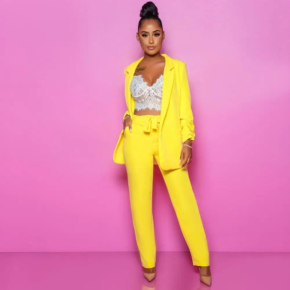 

2019 New Hot Pure Yellow Fashion Office Lady 2 Piece Set Long Sleeve Turn-Down Collar Top And Empire Slim Lady Pants AL054