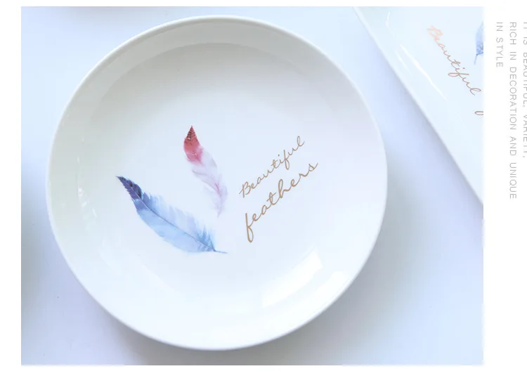 Creative Feather Ceramic Plate Household Dish Round Plates Northern European-Style Bowl Dish& Plate Ceramic Tableware Hotel Gif