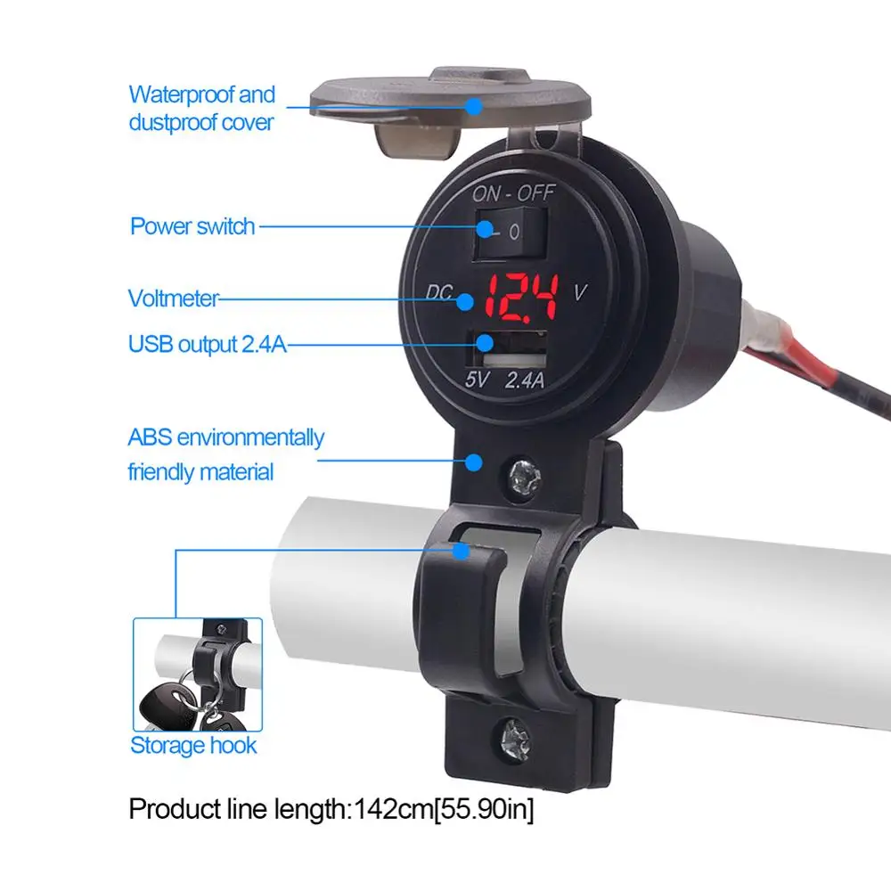 Мотоцикл USB Мощность 5 V/2.4A розетка адаптер AC/DC 12 V-24 V Водонепроницаемый Moto Зарядное устройство штекер вольтметр крепление на руль велосипеда(розетка с выключателем