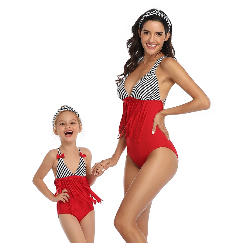 

One-Piece Swimsuit Striped Tassel Mother Daughter Matching Swimwear Mommy and Me Clothes Family Look Mom Mum and Baby Bath Suits