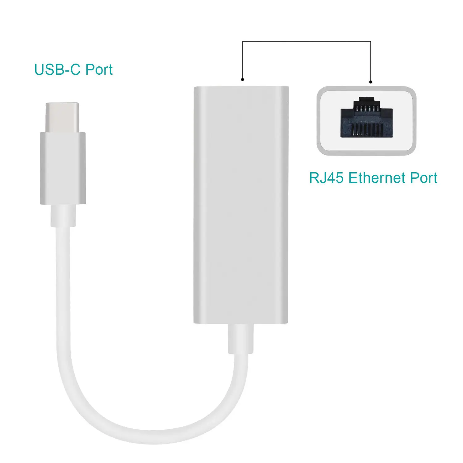 For MacBook Type C to RJ45 Silver Adapter USB C 12cm Wired Dongle Cable Laptop Gigabit 3