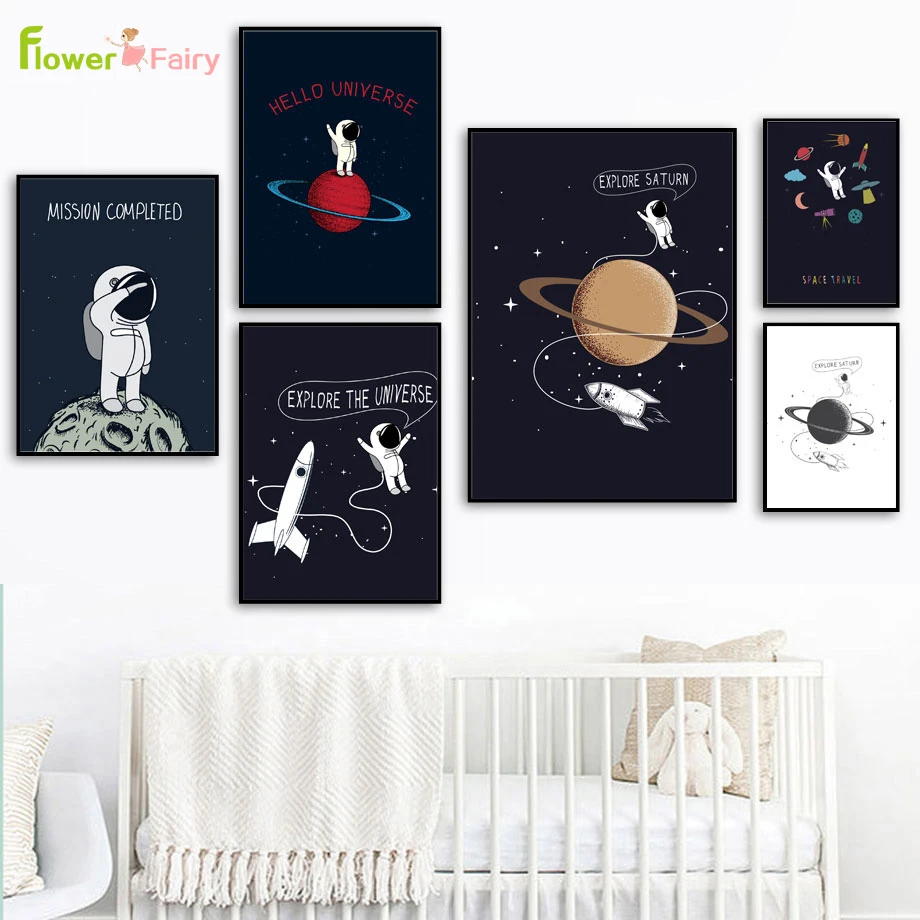 

Cartoon Universe Wall Art Canvas Painting Astronaut Nordic Poster Cuadros Kids Room Wall Pictures For Living Room Unframed
