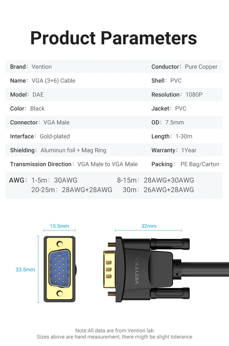 Vention кабель VGA кабель «Папа-папа» 15 Pin Плетеный экранирующий Кабель VGA для HDTV PC ноутбук коробка проектор VGA кабель 3 м 5 м 10 м