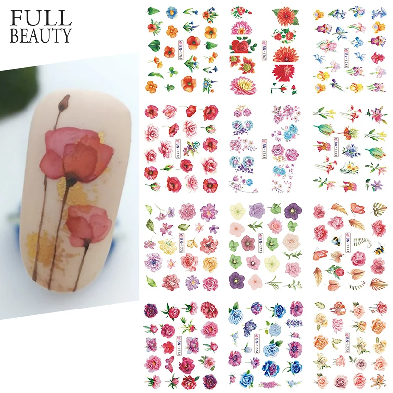 12pcs Blooming Flower Nail Stickers Decals Water Summer Sliders Chrysanthemum Peony Butterfly