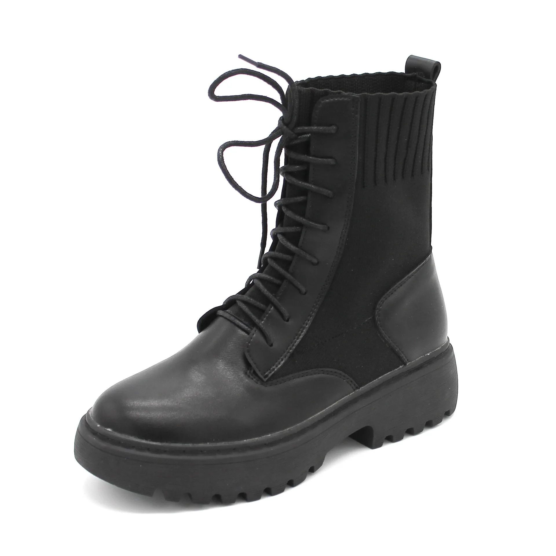 Bootee/ г. Женские ботинки на шнуровке женская низкая обувь женские ботинки с круглым носком, сабо на платформе, до середины икры, на резиновой подошве средней высоты, черного цвета, Roc