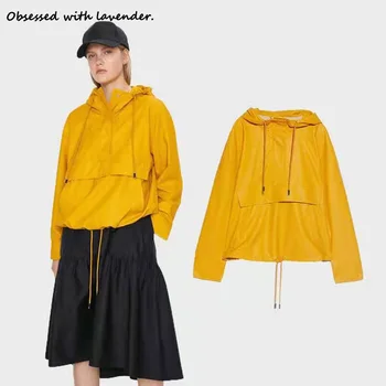 

Obsessed with lavender.Autumn new women's hooded leather jacket yellow drawstring loose coat