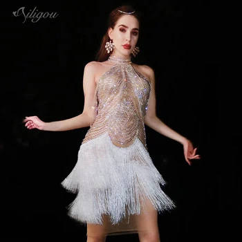 

Ailigou New Luxury Sparkling Rhinestone Chain Fringe Dress Women's Birthday Celebration Clothes Dancer Costume Bar Dress