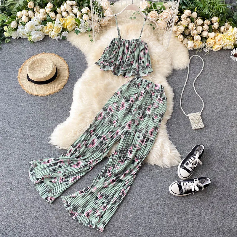 Women's Summer Sets Vacation Style Printed Short Camisole Pleated High-waist Wide-leg Pants Two-piece New Casual Sets LL956