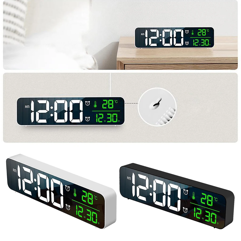 10 Inch Large Screen Digital Alarm Clock Temp Day Calendar AM/PM Mirror Design Wall Clock 40 Music Adjustable Volume Decoration