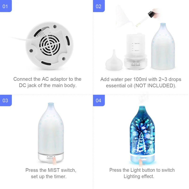 Christmas 3D Glass Essential Oils Diffuser Ultrasonic Aromatherapy Oil Humidifier With Timer Setting 7 Color Changing Nightlight
