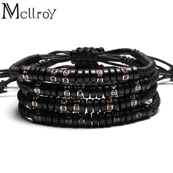 

Mcllroy Pave Black CZ Zircon Connector & 7mm Coconut shell Bead Braiding Men Macrame Hand-woven Bracelets Mens &Women