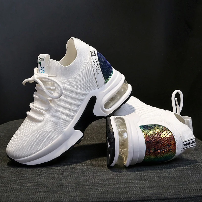 New white Running Shoes Breathable Lace-up women Mesh flyknit walking shoes heel 4.5+2.5 Increasing Comfortable Sneakers | Спорт и