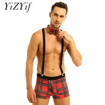 

Mens boxers Plaid Bulge Pouch Boxer Underwear Gay men sissy panties with Y Back Elastic Strong Clip Suspenders and Bowtie Set