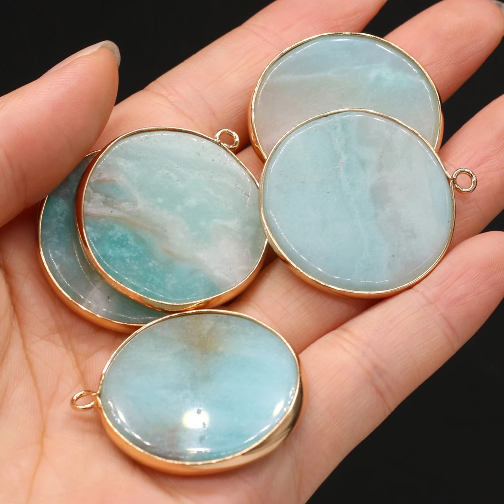 Natural Stone Gem Amazonite Round Pendant Handmade Craft DIY Charm Necklace Earring Jewelry Accessories Gift Making Party30x35mm