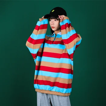

2020 Women Rainbow Stripe Casual T Shirt Streetwear Hip Hop Pullover Hoodie Female Men Long Sleeve Plus Size Harajuku Coat Tops