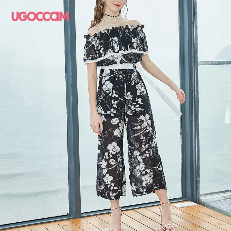 

UGOCCAM Off Shoulder Jumpsuit Slash Neck Rompers Womens Jumpsuit Boho Floral Print Jumpsuit Women Macacao Feminino