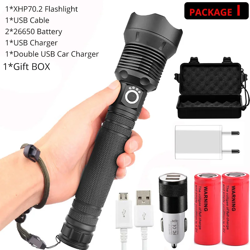 Package I-26650 Мощный xhp70.2 светодиодный фонарик usb зум факел 3 режима освещения xhp50 приведенный в действие 18650 26650 Перезаряжаемые батарея для использования вне помещений - Испускаемый цвет: Package I-26650
