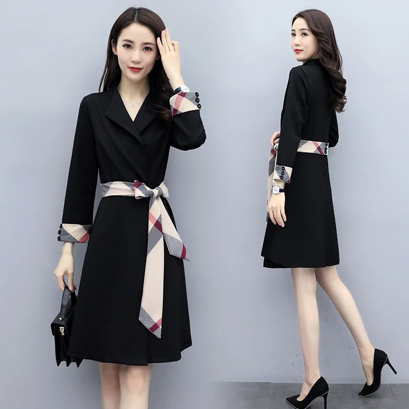 

2020 Spring New Style Long-sleeved Dress Women's Korean-style Waist Hugging Slimming Joint Contrast Color Graceful Mid-length A-