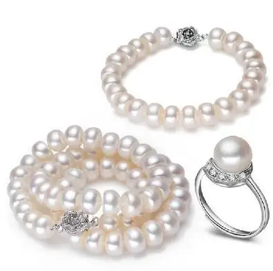 

Wholesale 10-11mm white oblate natural pearl necklace bracelet ring three-piece