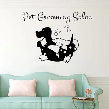 Online Pet Grooming Salon Wall Mural Dog Taking A Bath Bubbles Removable Home Decor Wall Sticker Pet Shop Wallpaper
