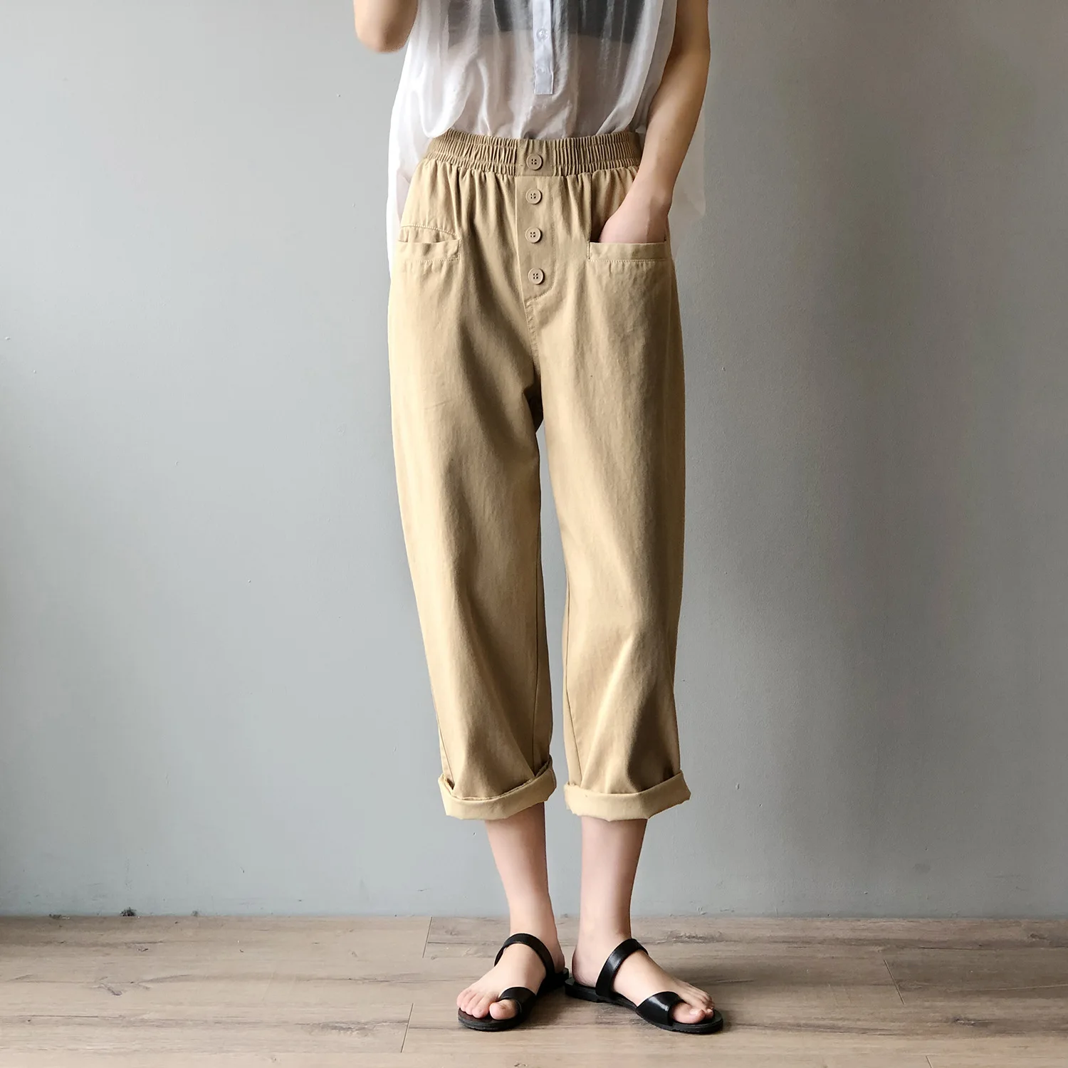 High Waist Wide Leg Pants Women 2020 Autumn New Korean Style Loose Solid Color Elastic Waist Casual Ankle-length Pants