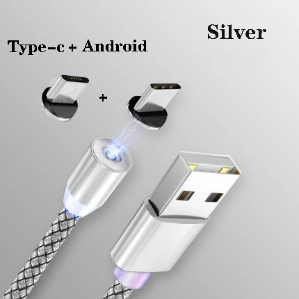Магнитный usb-кабель 1 м 2 м, кабель для быстрой зарядки USB типа C, Магнитный зарядный кабель Micro usb для зарядки и передачи данных, кабель USB для мобильного телефона - Цвет: Silver Two heads 2