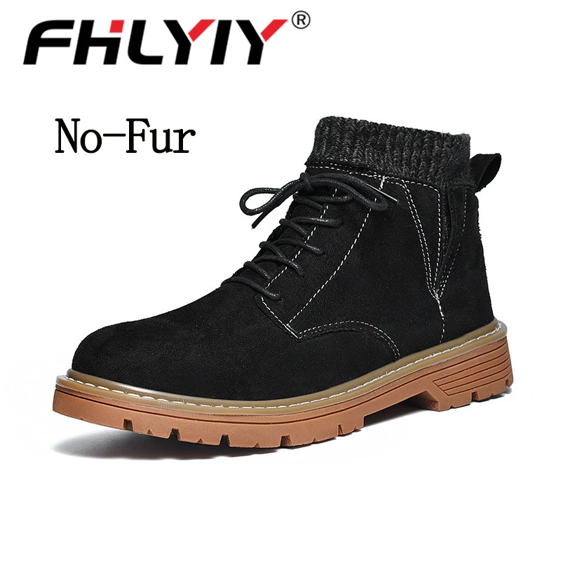 No-fur Black Fhlyiy/зимние кожаные мужские ботинки; теплые зимние ботинки на меху; мужские Ботильоны; мокасины; Мужская зимняя Нескользящая черная обувь; большие размеры 46 - Цвет: No-fur Black