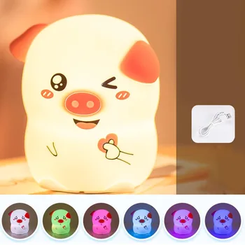 

Remote Control Cartoon Night Light LED Lamp Bedside Soft Silicone Pig Shape 7 Color Changing Gifts Energy-Saving USB Charging