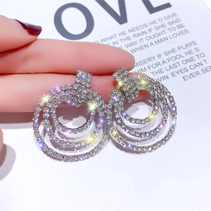 silver FYUAN, модные Многослойные Круглые геометрические Висячие серьги, бижутерия, блестящие серьги из розового золота, стразы, висячие серьги для женщин, ювелирные изделия, подарки - Окраска металла: silver
