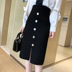 Новинка 2019, женская трикотажная юбка с высокой талией, тонкая, средняя и длинная, стильные юбки черного цвета, 822