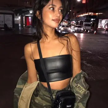 

Fashion Women Leather Sleeveless Tube Top Bra Blouse Strap Solid Black Crop Top leather camisole Saqure High Street Clubwear