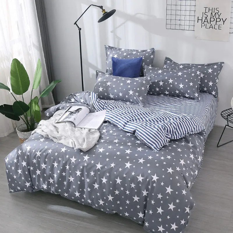 Star Stripe Printed 4pcs Bed Cover Set Cartoon Duvet Cover Adult Child